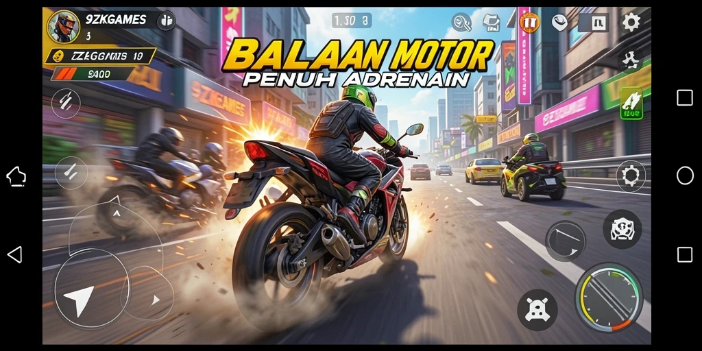 Screenshot gameplay 9ZKGAMES menampilkan aksi balapan motor mendebarkan.