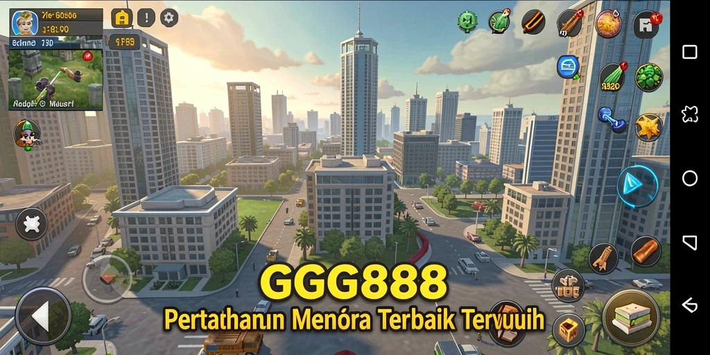 Tampilan permainan GGG888 dengan menara dan musuh yang beragam.
