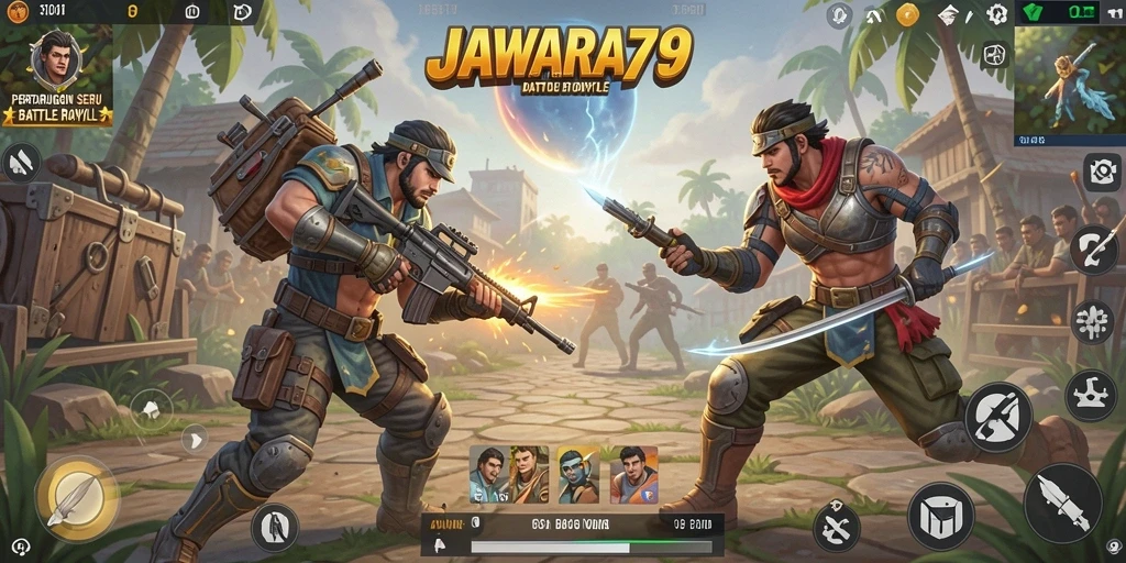 Tampilan gameplay seru dalam JAWARA79 saat pertarungan Battle Royale.