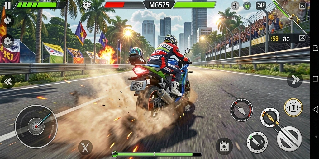 Tampilan gameplay MG525 dengan aksi balap yang menegangkan.