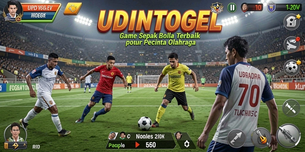 Tangkapan layar gameplay <strong>UDINTOGEL</strong> menampilkan pertarungan sengit di lapangan sepak bola.